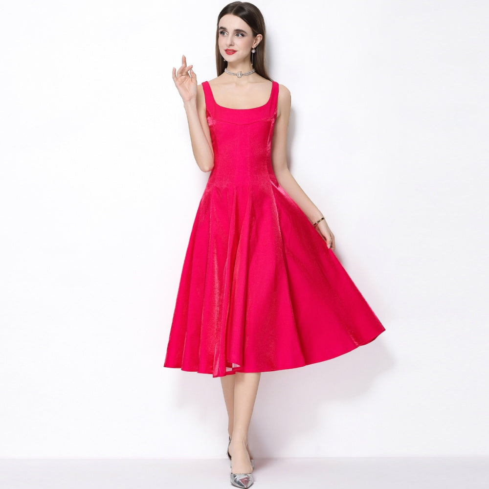 CM-DY065923 Women Elegant European Style Satin Square Neck Sleeveless High Waist A-Line Dress - Rose Red