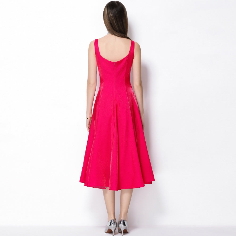 CM-DY065923 Women Elegant European Style Satin Square Neck Sleeveless High Waist A-Line Dress - Rose Red