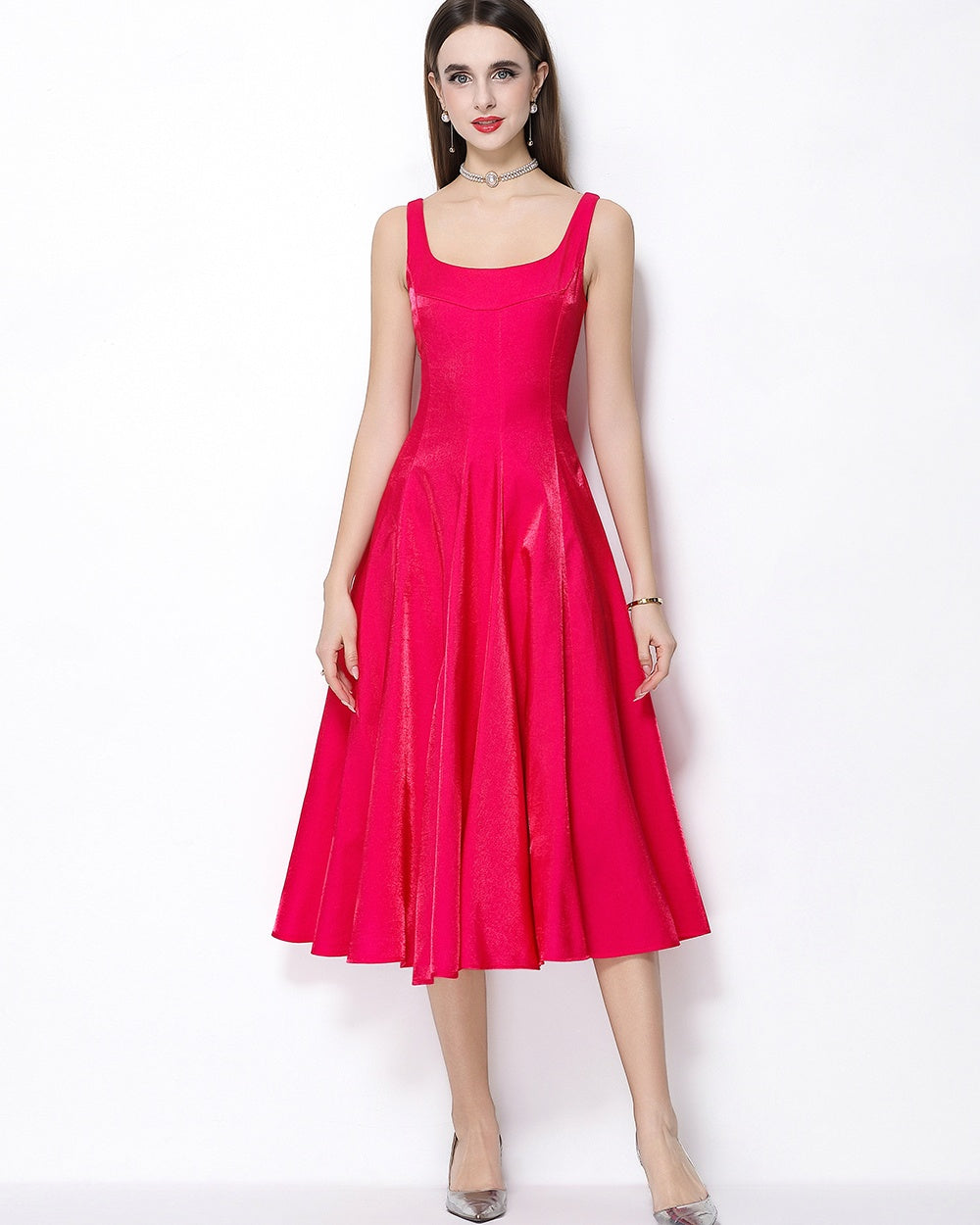 CM-DY065923 Women Elegant European Style Satin Square Neck Sleeveless High Waist A-Line Dress - Rose Red
