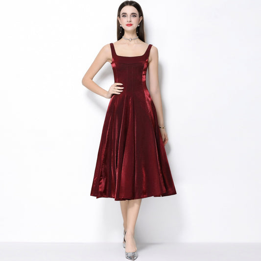 CM-DY065924 Women Elegant European Style Satin Square Neck Sleeveless High Waist A-Line Dress - Wine Red