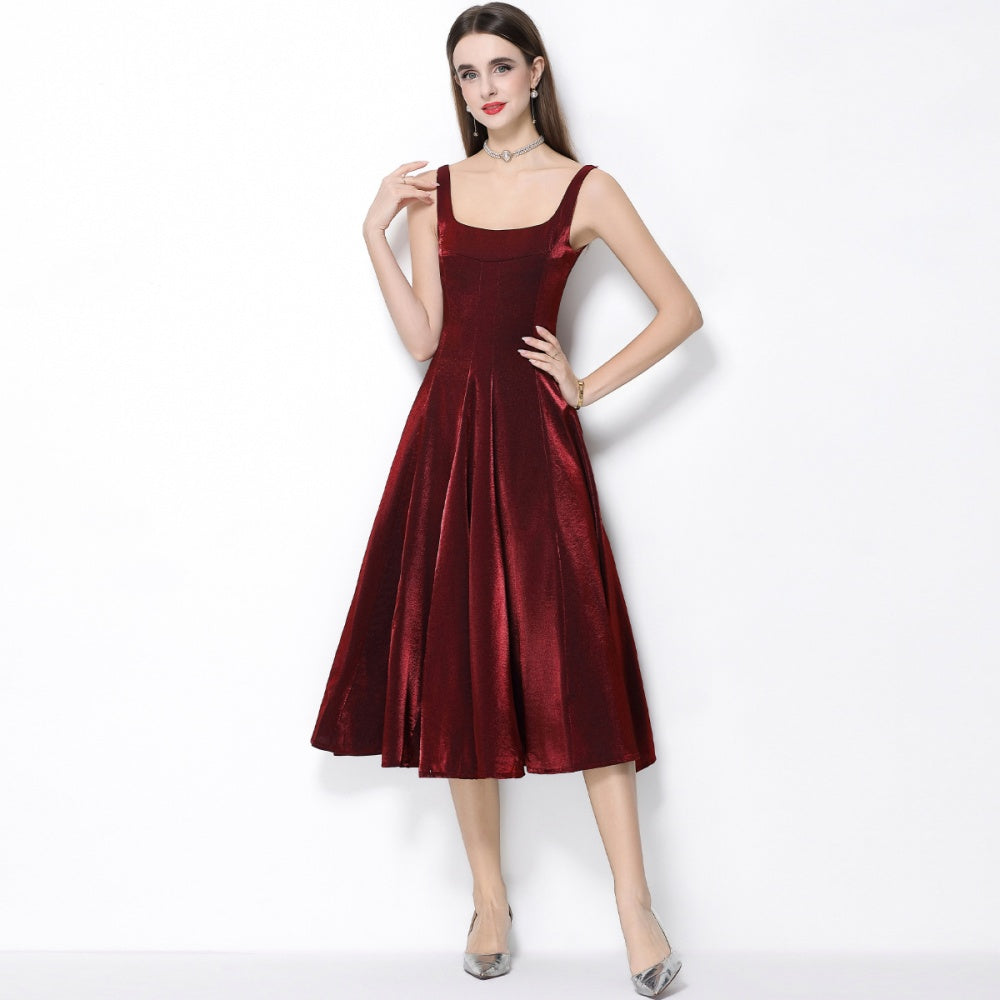 CM-DY065924 Women Elegant European Style Satin Square Neck Sleeveless High Waist A-Line Dress - Wine Red
