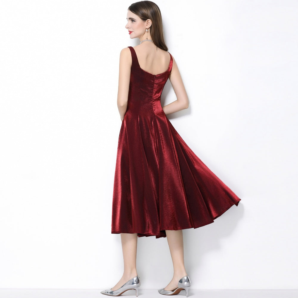CM-DY065924 Women Elegant European Style Satin Square Neck Sleeveless High Waist A-Line Dress - Wine Red