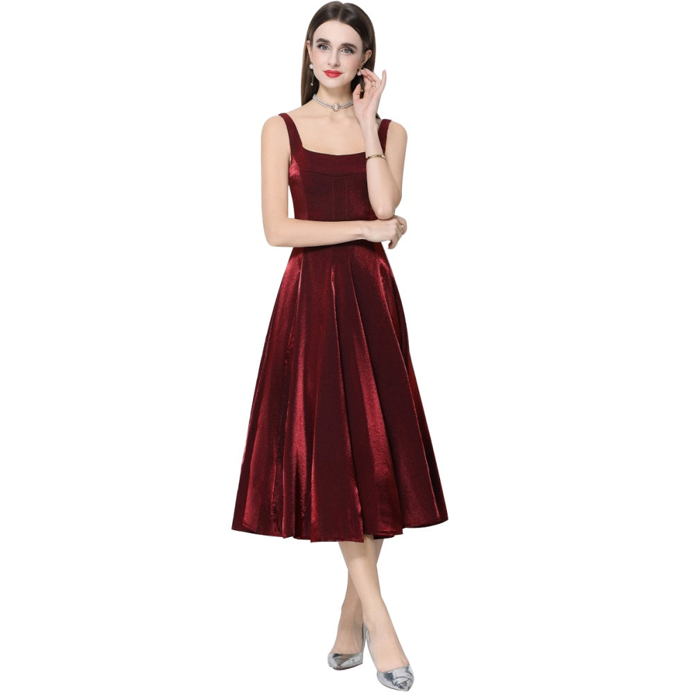 CM-DY065924 Women Elegant European Style Satin Square Neck Sleeveless High Waist A-Line Dress - Wine Red