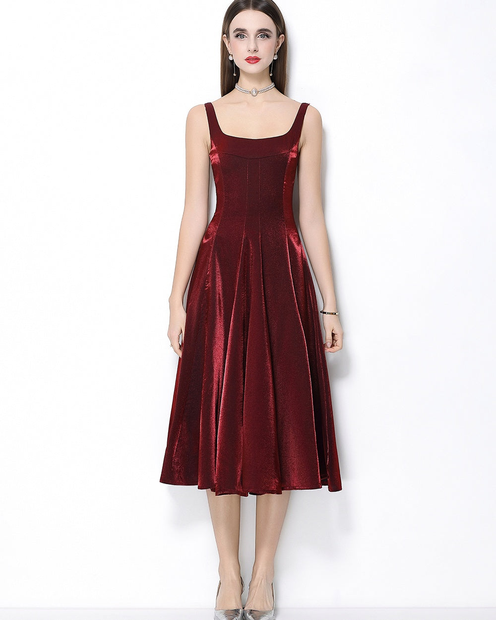 CM-DY065924 Women Elegant European Style Satin Square Neck Sleeveless High Waist A-Line Dress - Wine Red