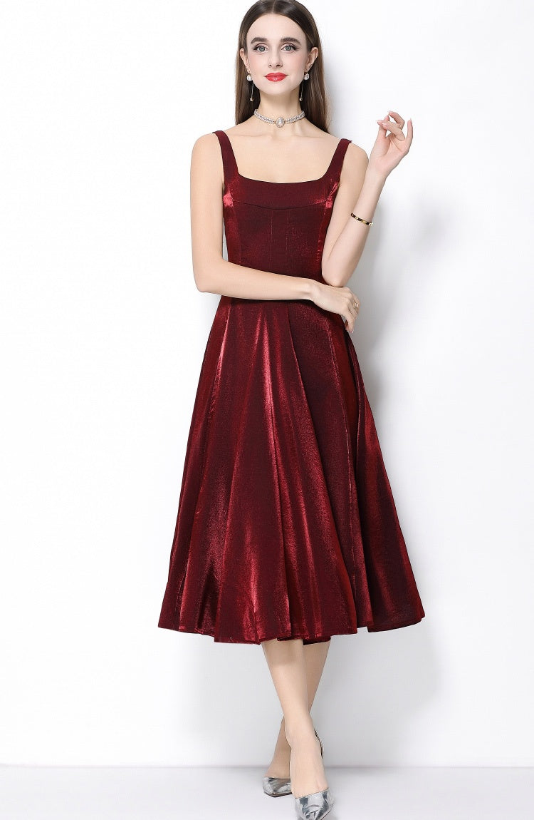 CM-DY065924 Women Elegant European Style Satin Square Neck Sleeveless High Waist A-Line Dress - Wine Red