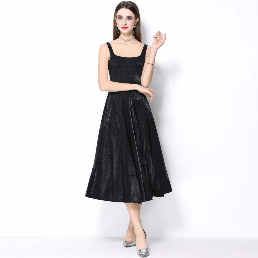 CM-DY065925 Women Elegant European Style Satin Square Neck Sleeveless High Waist A-Line Dress - Black