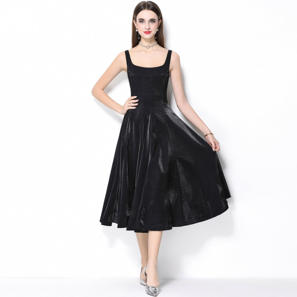 CM-DY065925 Women Elegant European Style Satin Square Neck Sleeveless High Waist A-Line Dress - Black