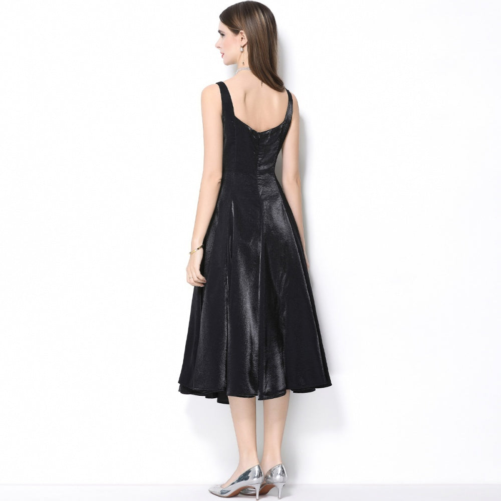 CM-DY065925 Women Elegant European Style Satin Square Neck Sleeveless High Waist A-Line Dress - Black