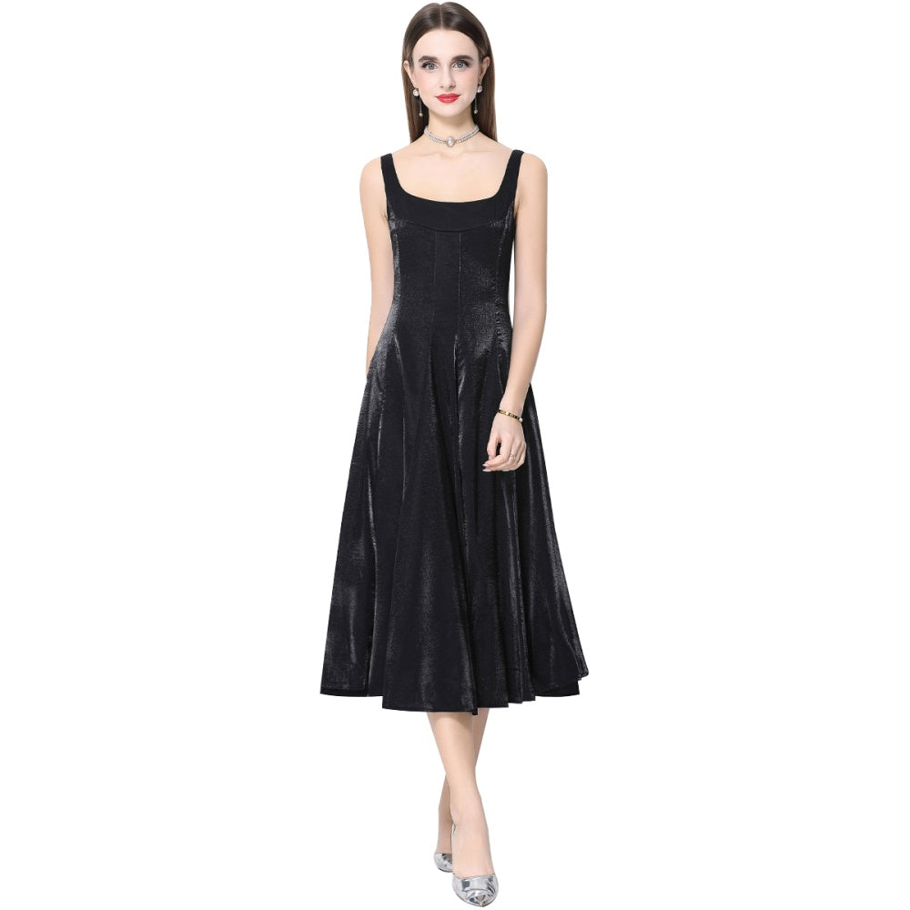 CM-DY065925 Women Elegant European Style Satin Square Neck Sleeveless High Waist A-Line Dress - Black