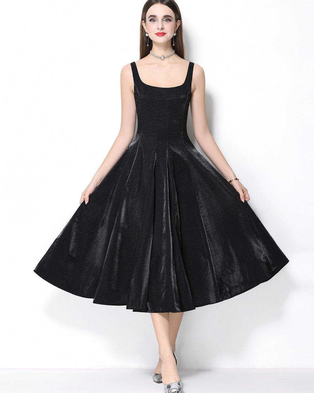 CM-DY065925 Women Elegant European Style Satin Square Neck Sleeveless High Waist A-Line Dress - Black