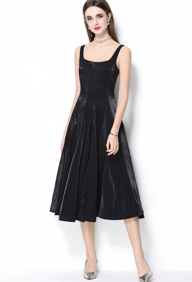 CM-DY065925 Women Elegant European Style Satin Square Neck Sleeveless High Waist A-Line Dress - Black