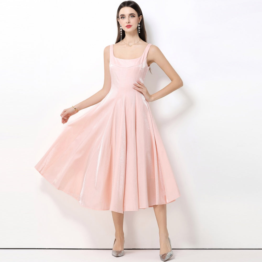 CM-DY065926 Women Elegant European Style Satin Square Neck Sleeveless High Waist A-Line Dress - Pink
