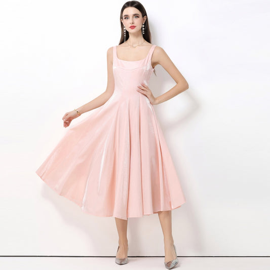 CM-DY065926 Women Elegant European Style Satin Square Neck Sleeveless High Waist A-Line Dress - Pink