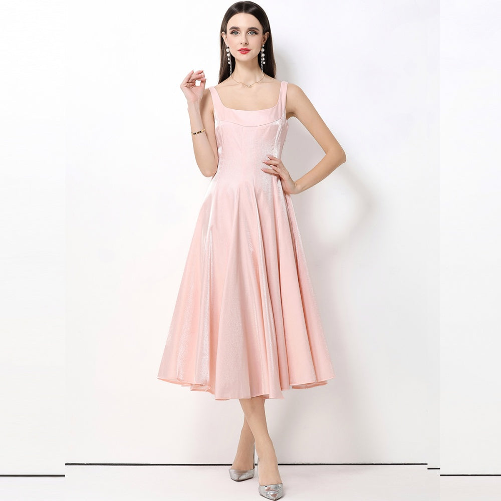 CM-DY065926 Women Elegant European Style Satin Square Neck Sleeveless High Waist A-Line Dress - Pink