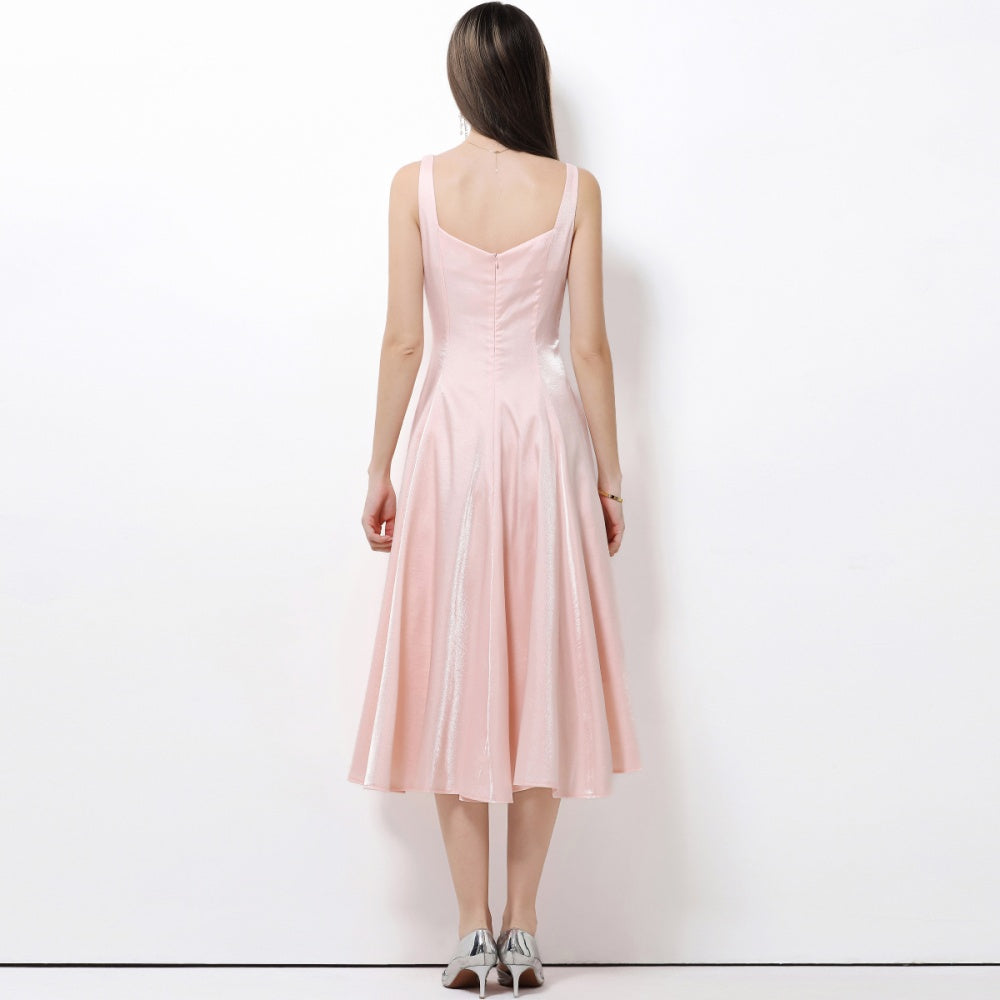 CM-DY065926 Women Elegant European Style Satin Square Neck Sleeveless High Waist A-Line Dress - Pink