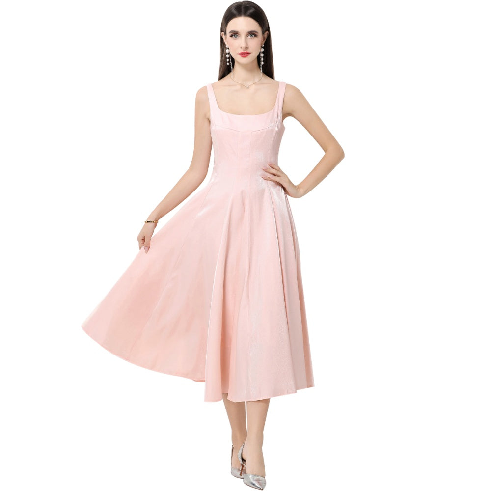 CM-DY065926 Women Elegant European Style Satin Square Neck Sleeveless High Waist A-Line Dress - Pink
