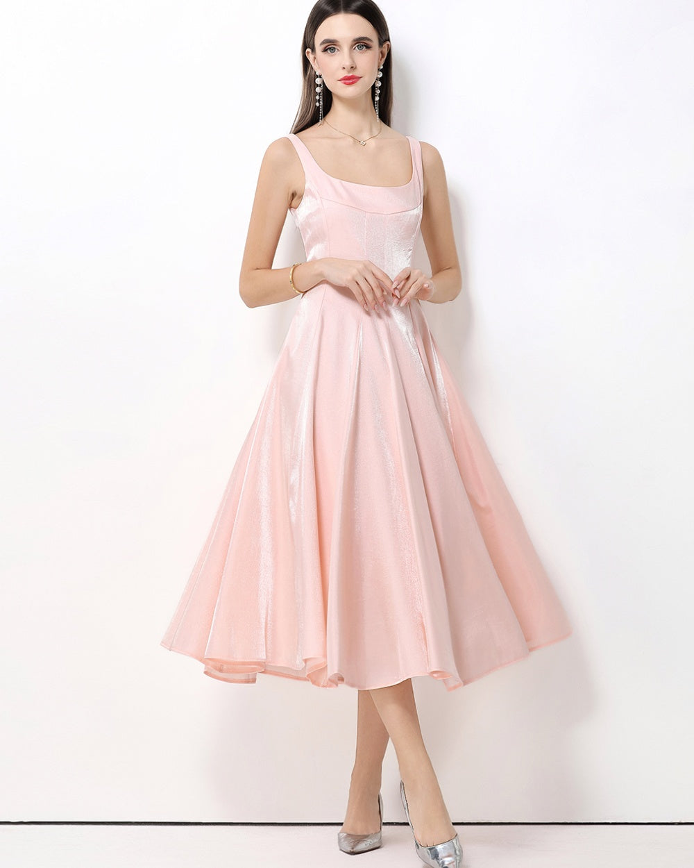 CM-DY065926 Women Elegant European Style Satin Square Neck Sleeveless High Waist A-Line Dress - Pink