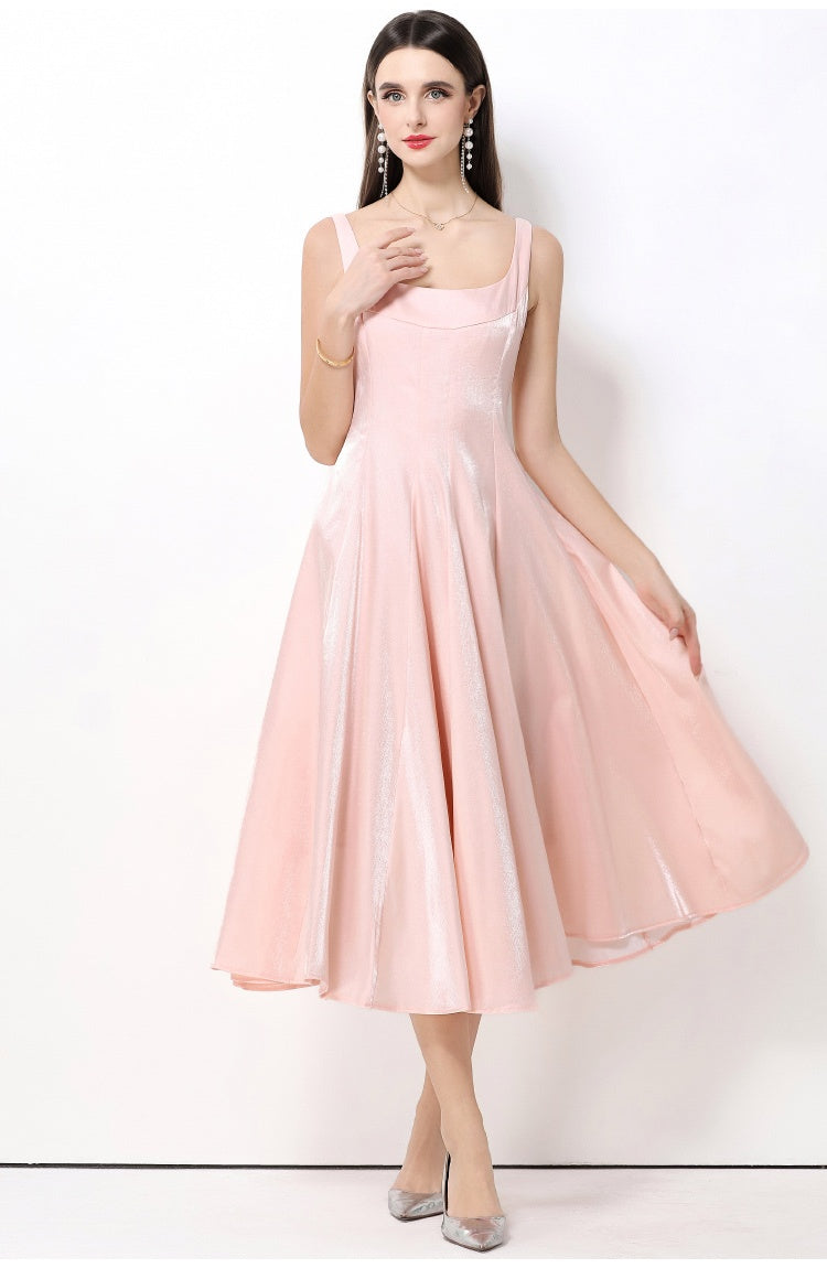 CM-DY065926 Women Elegant European Style Satin Square Neck Sleeveless High Waist A-Line Dress - Pink