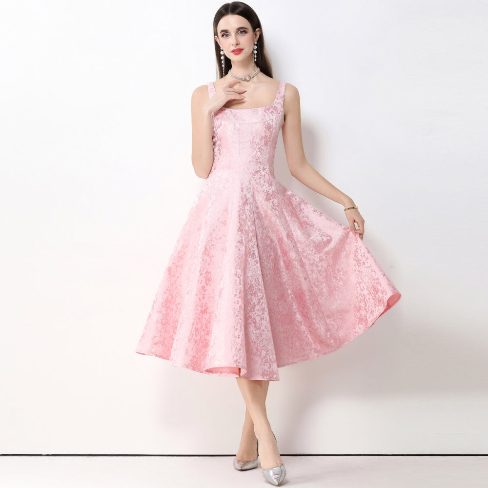CM-DY065927 Women Elegant European Style Jacquard Square Neck Sleeveless Pinched Waist Mid-Length Dress - Pink