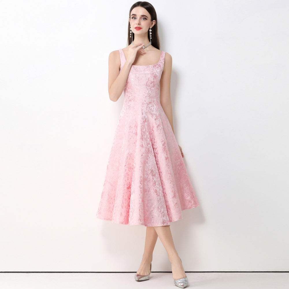 CM-DY065927 Women Elegant European Style Jacquard Square Neck Sleeveless Pinched Waist Mid-Length Dress - Pink