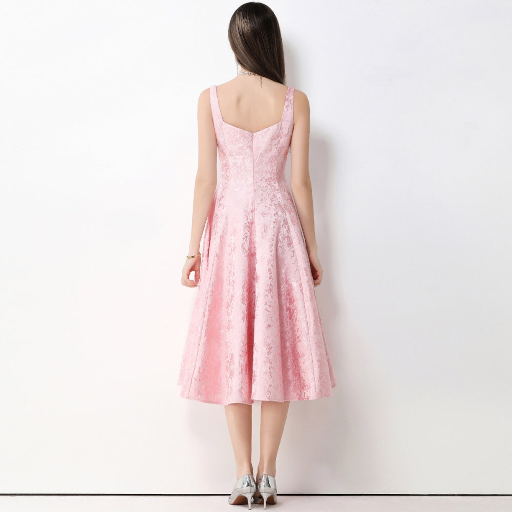 CM-DY065927 Women Elegant European Style Jacquard Square Neck Sleeveless Pinched Waist Mid-Length Dress - Pink