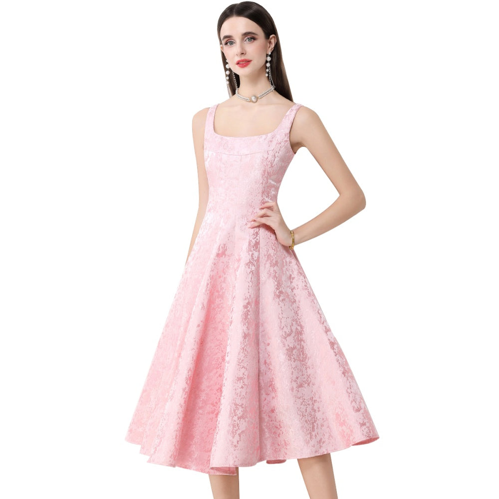 CM-DY065927 Women Elegant European Style Jacquard Square Neck Sleeveless Pinched Waist Mid-Length Dress - Pink