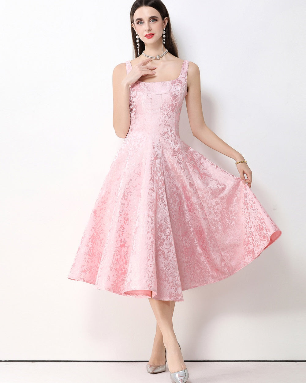 CM-DY065927 Women Elegant European Style Jacquard Square Neck Sleeveless Pinched Waist Mid-Length Dress - Pink