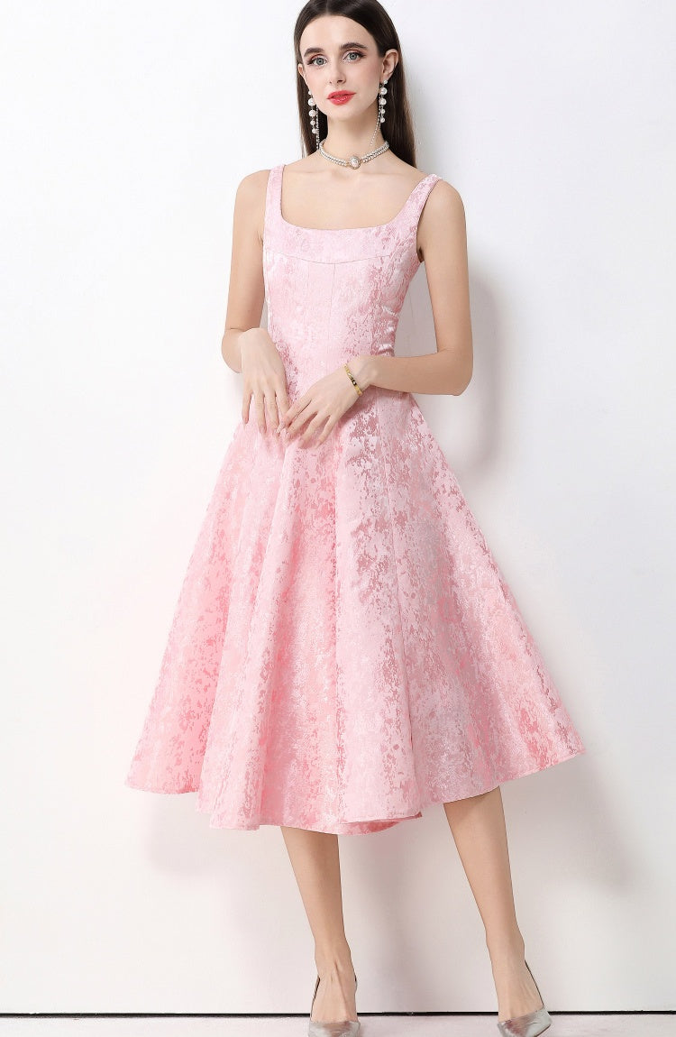 CM-DY065927 Women Elegant European Style Jacquard Square Neck Sleeveless Pinched Waist Mid-Length Dress - Pink