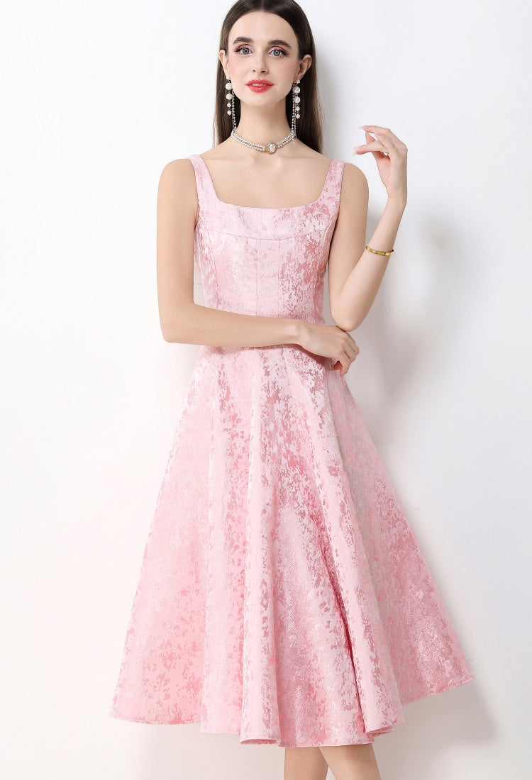 CM-DY065927 Women Elegant European Style Jacquard Square Neck Sleeveless Pinched Waist Mid-Length Dress - Pink