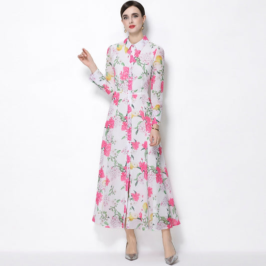 CM-DY066021 Women Elegant European Style Floral Print Lape Neckline Long Sleeve Pinched Waist Dress - Pink