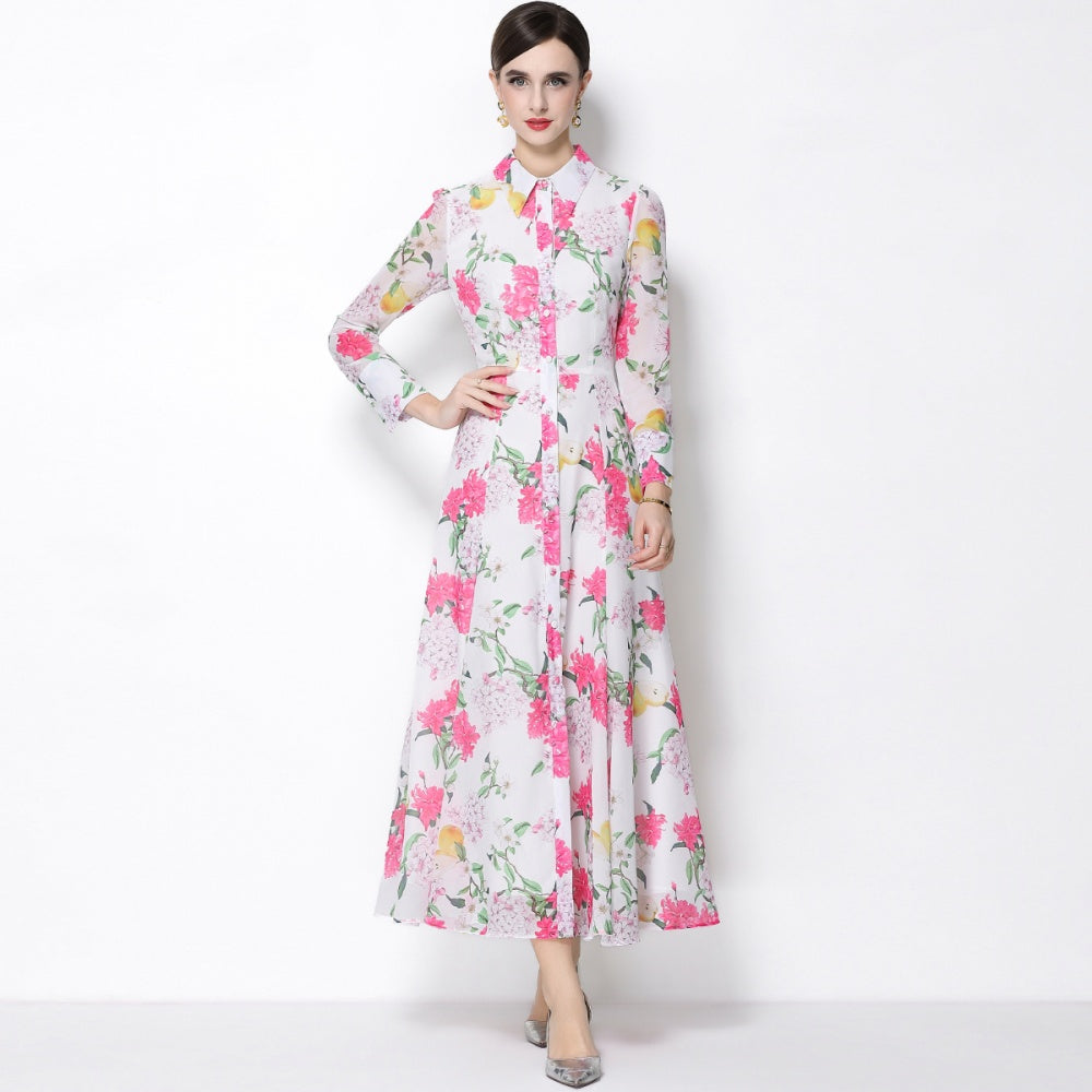 CM-DY066021 Women Elegant European Style Floral Print Lape Neckline Long Sleeve Pinched Waist Dress - Pink