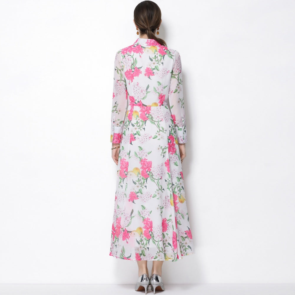 CM-DY066021 Women Elegant European Style Floral Print Lape Neckline Long Sleeve Pinched Waist Dress - Pink