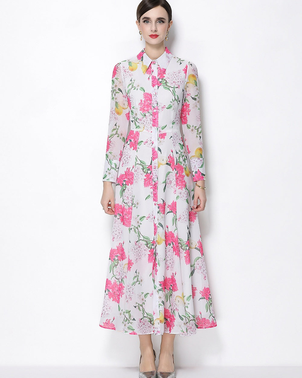 CM-DY066021 Women Elegant European Style Floral Print Lape Neckline Long Sleeve Pinched Waist Dress - Pink