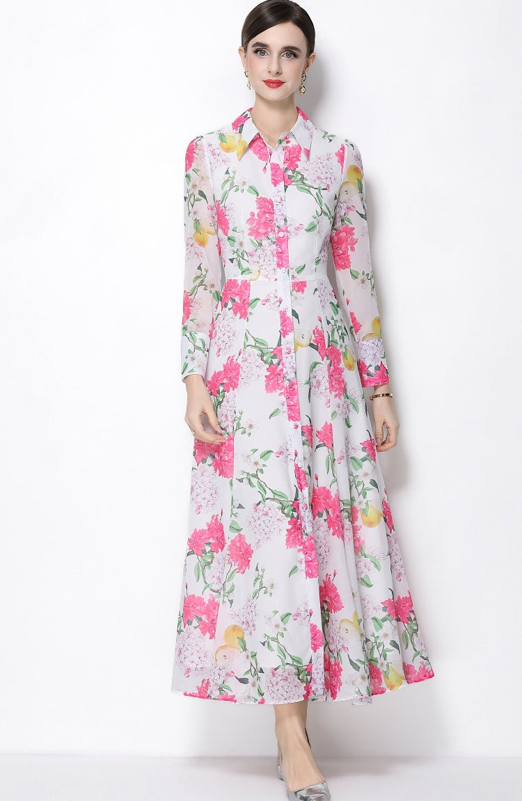 CM-DY066021 Women Elegant European Style Floral Print Lape Neckline Long Sleeve Pinched Waist Dress - Pink