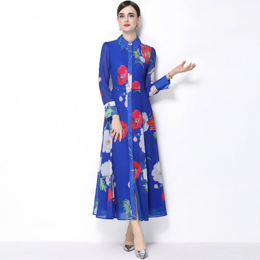 CM-DY066022 Women Elegant European Style Floral Print Collar Neckline Long Sleeve Single-Breasted Dress - Blue