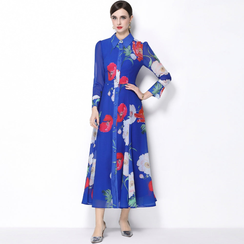 CM-DY066022 Women Elegant European Style Floral Print Collar Neckline Long Sleeve Single-Breasted Dress - Blue