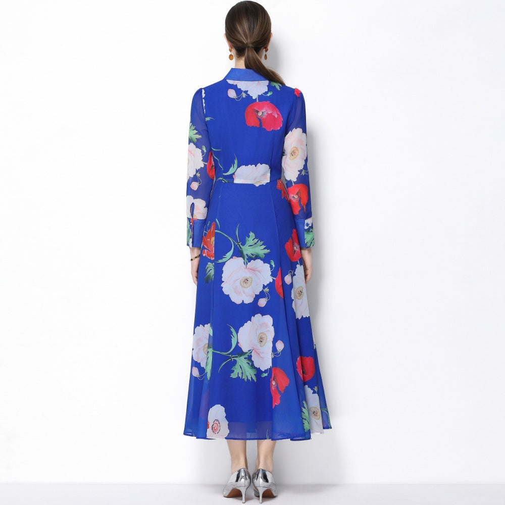 CM-DY066022 Women Elegant European Style Floral Print Collar Neckline Long Sleeve Single-Breasted Dress - Blue