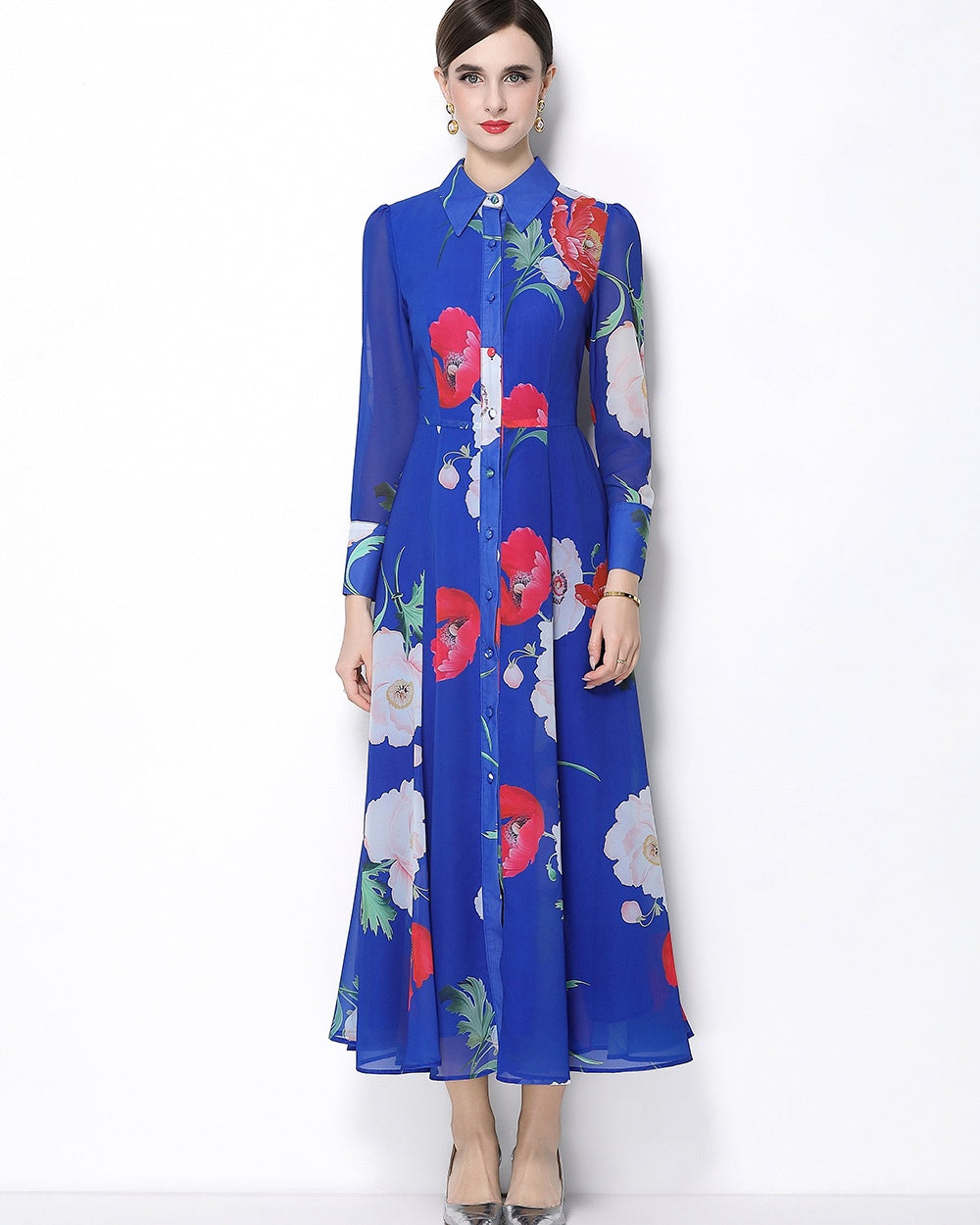 CM-DY066022 Women Elegant European Style Floral Print Collar Neckline Long Sleeve Single-Breasted Dress - Blue