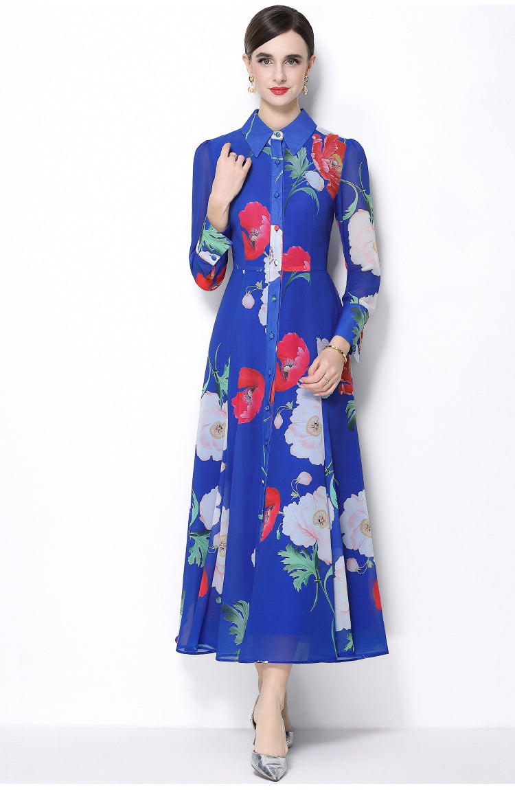 CM-DY066022 Women Elegant European Style Floral Print Collar Neckline Long Sleeve Single-Breasted Dress - Blue