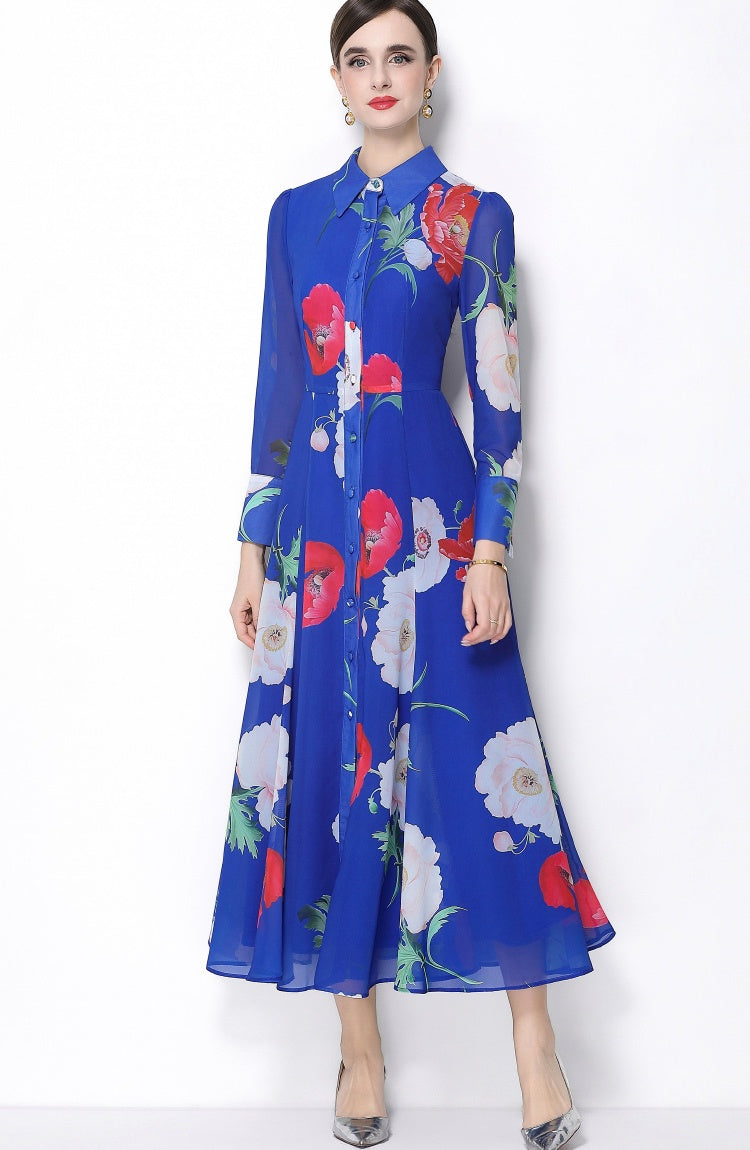 CM-DY066022 Women Elegant European Style Floral Print Collar Neckline Long Sleeve Single-Breasted Dress - Blue