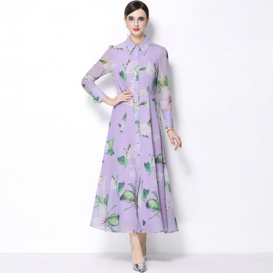 CM-DY066023 Women Elegant European Style Floral Print Collar Neckline Long Sleeve Pinched Waist Dress - Purple