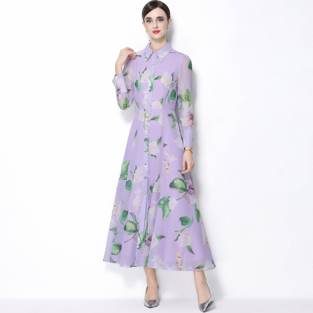 CM-DY066023 Women Elegant European Style Floral Print Collar Neckline Long Sleeve Pinched Waist Dress - Purple