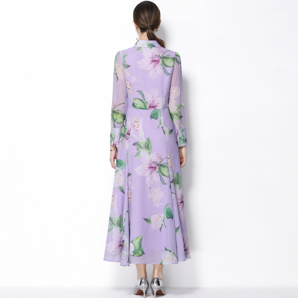 CM-DY066023 Women Elegant European Style Floral Print Collar Neckline Long Sleeve Pinched Waist Dress - Purple