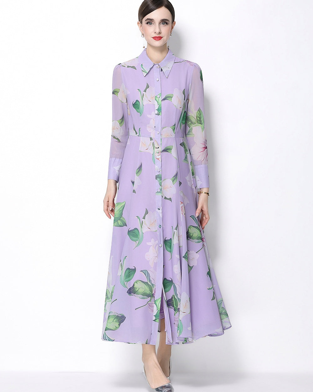 CM-DY066023 Women Elegant European Style Floral Print Collar Neckline Long Sleeve Pinched Waist Dress - Purple