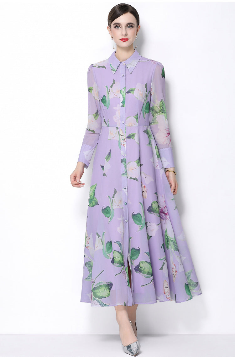 CM-DY066023 Women Elegant European Style Floral Print Collar Neckline Long Sleeve Pinched Waist Dress - Purple