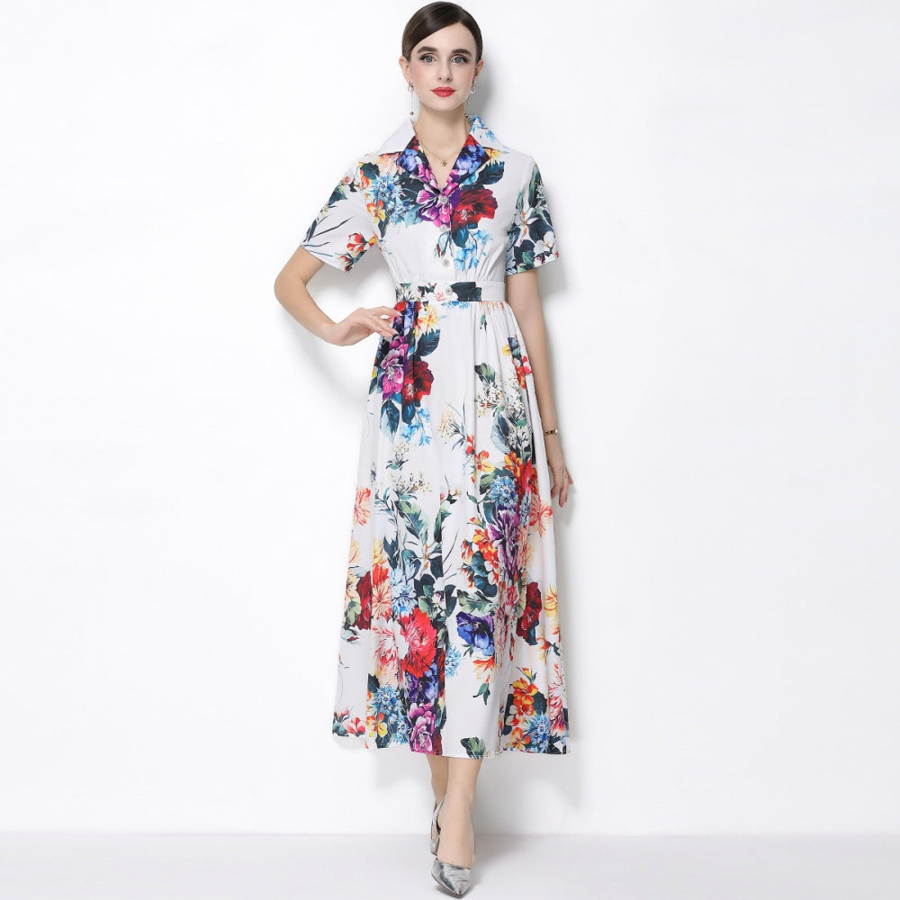 CM-DY066026 Women Elegant European Style Floral Print Collar Neckline Short Sleeve A-Line Long Dress