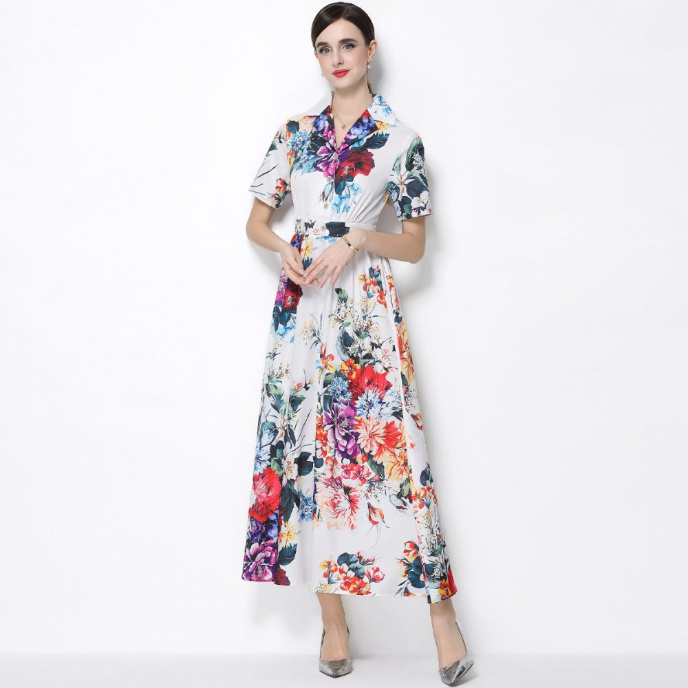 CM-DY066026 Women Elegant European Style Floral Print Collar Neckline Short Sleeve A-Line Long Dress