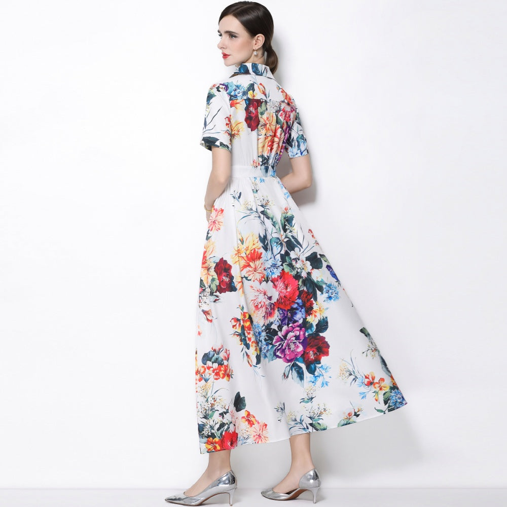 CM-DY066026 Women Elegant European Style Floral Print Collar Neckline Short Sleeve A-Line Long Dress