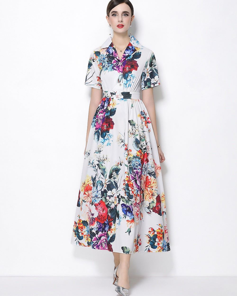 CM-DY066026 Women Elegant European Style Floral Print Collar Neckline Short Sleeve A-Line Long Dress
