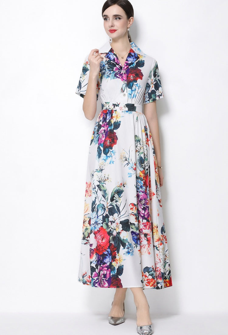 CM-DY066026 Women Elegant European Style Floral Print Collar Neckline Short Sleeve A-Line Long Dress